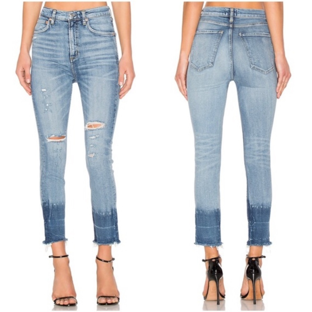 Agolde Ruby Super High Rise Slim Straight Jean Sz 27 Distressed Raw Hem